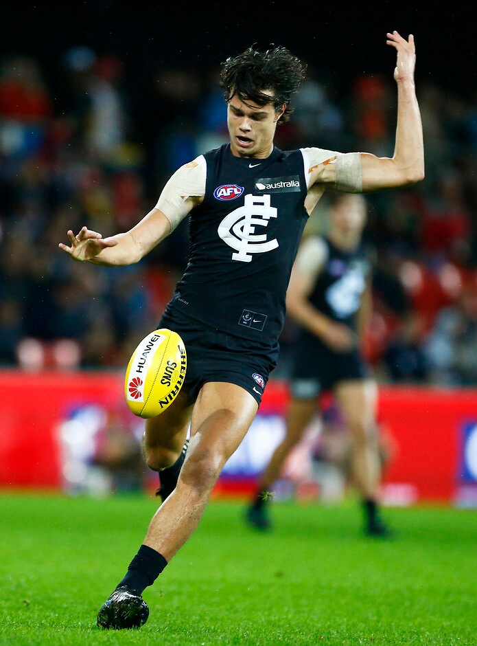 AFL 2017 Round 13 - Gold Coast v Carlton GOLD COAST, AUSTRALIA - JUNE 17:Jack Silvagni of the blues during the 2017 AFL round 13 match between the Gold Coast Suns and the Carlton Blues at Metricon Stadium on June 17, 2017 in Gold Coast, Australia. (Photo by Jason O'Brien/AFL Media)